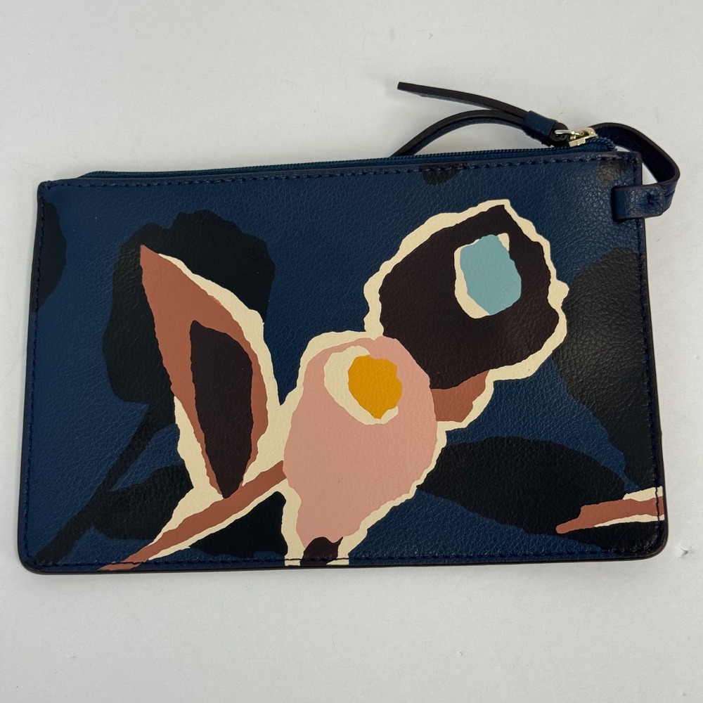 Kate Spade New York Navy Blue Floral Leather Wristlet Pouch Zip Clutch Bag - Picture 9 of 11